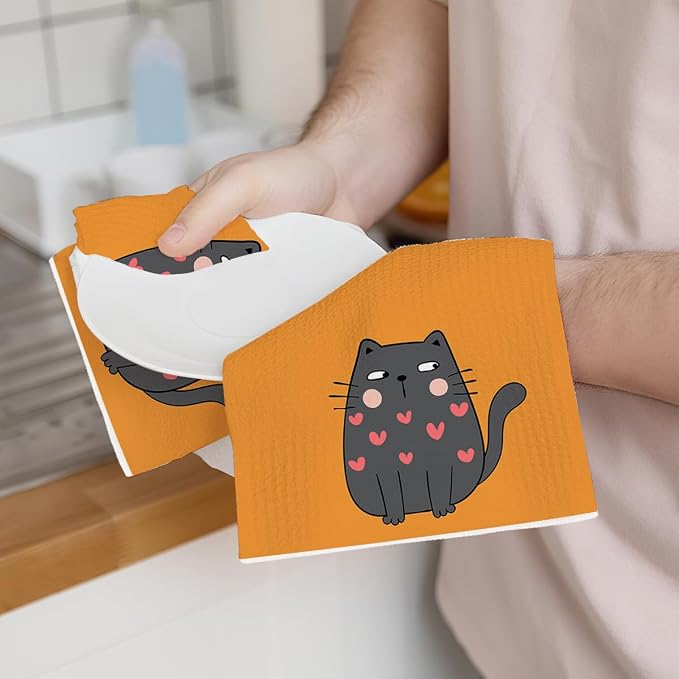 2PCS Cute Cat Kitchen Towels, Cat Themed Gifts Reusable Absorbent Waffle Weave - Image 3
