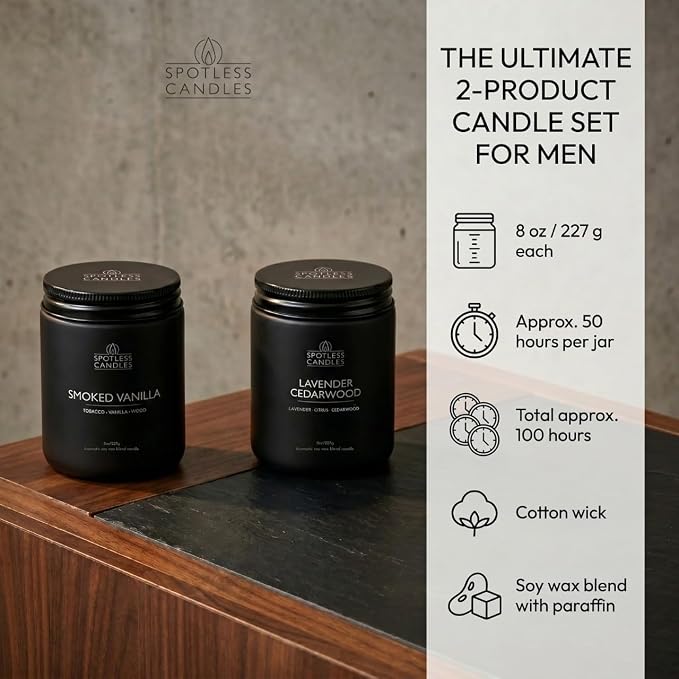 Mens Candle 2 x 8oz Pack Smoked Vanilla and Lavender Cedarwood Scents - Image 4