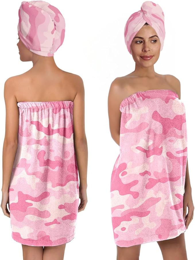 Women's Pink Camo Towel Wrap and Hair Drying Cap Set – Quick Dry Microfiber by QIULIBMH