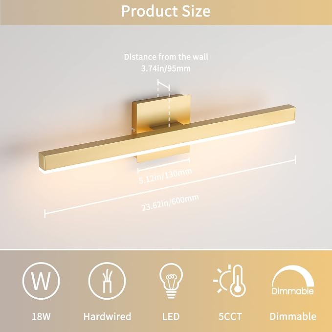 Joossnwell Gold Vanity Lights for Bathroom 24 Inch Dimmable 5CCT Modern Bath - Image 6