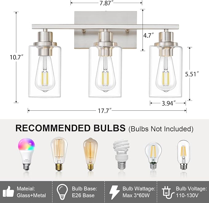 3 Light Bathroom Light Fixtures Brushed Nickel Vanity Light Over Mirror Modern - Image 3
