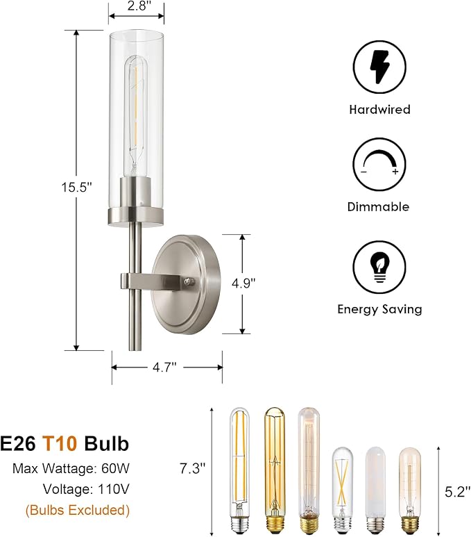 SANTOSTOCK Brushed Nickel Hardwired Wall Sconces Set of 2, Modern Bathroom - Image 4