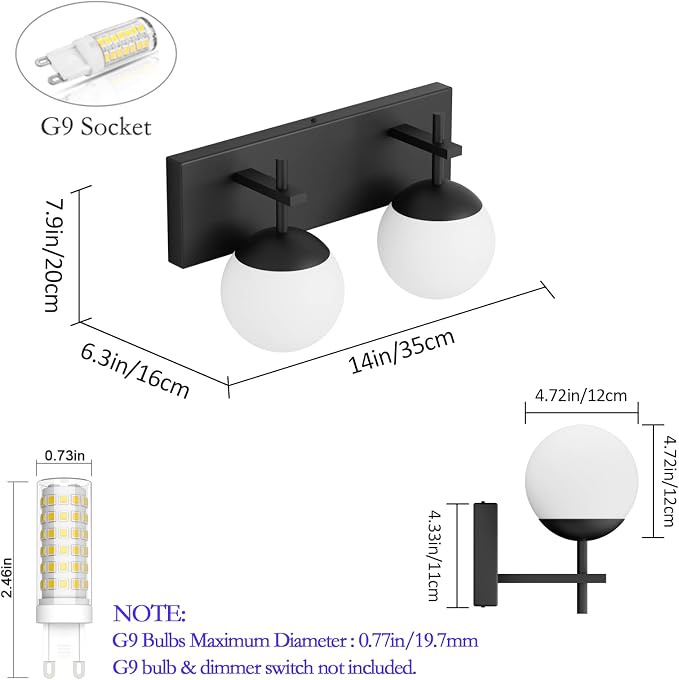 Ralbay Matte Black Bathroom Wall Light Fitures 2-Light Mid Century Modern - Image 6