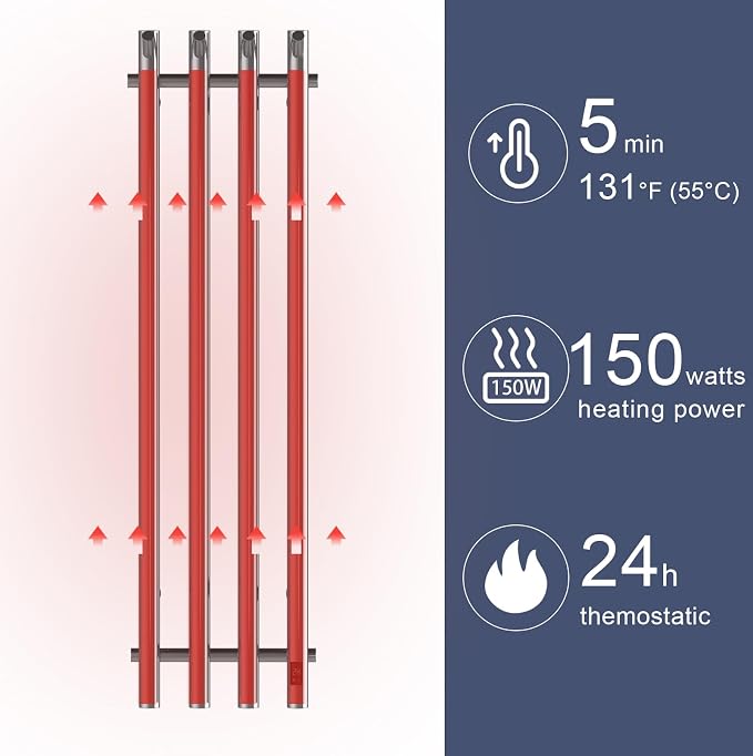 Electric Heated Towel Rack Warmer, Wall Mounted, Stainless Steel, 4 Bar - Image 3