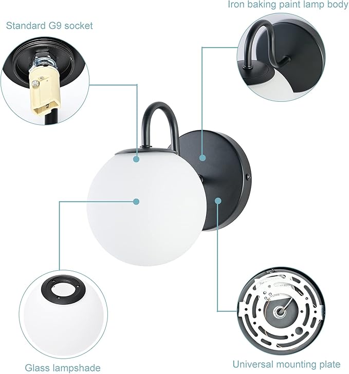 Industrial Bedroom Wall Sconce Black Indoor Wall Light Fixture Milk White Globe - Image 4