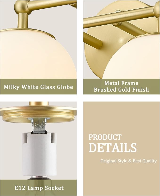 AKEZON Gold Bathroom Light Fixtures, 2-Light Vanity Lights Over Mirror Wall - Image 6