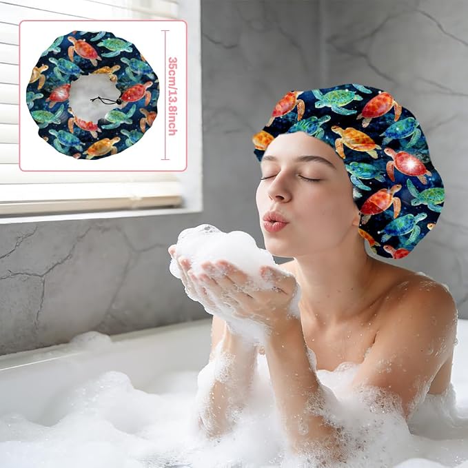 Sea Turtle Reusable Shower Cap Ocean Double Layer Waterproof Shower Caps Large - Image 5