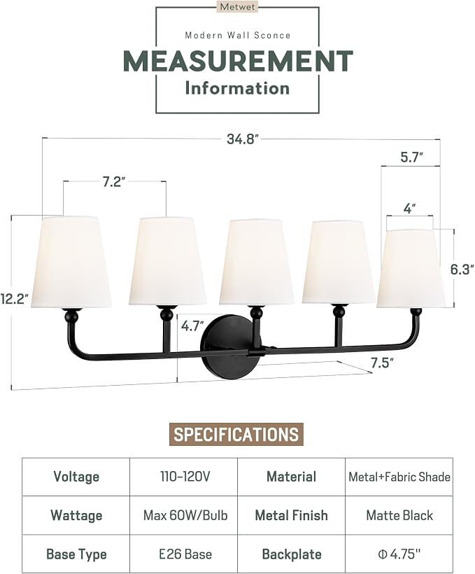 Bathroom Light Fixtures, 5 Light Matte Black Vanity Lights - Image 2