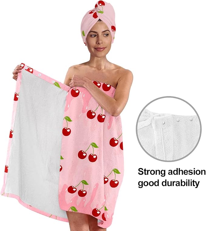 Women’s Cherry Print Bath Wrap and Hair Towel Set, Soft Absorbent Microfiber - Image 4