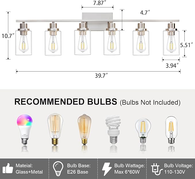 6 Light Bathroom Light Fixtures Brushed Nickel Vanity Light Over Mirror Modern - Image 3