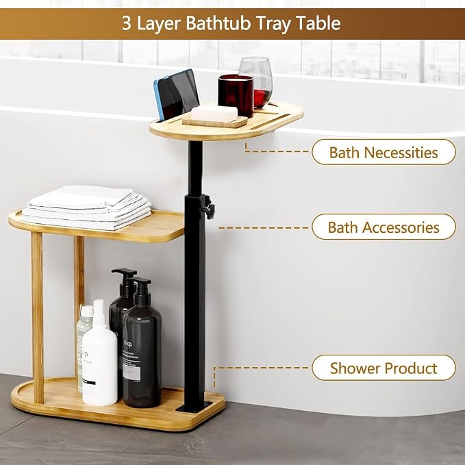 3 Layer Bathtub Tray Table, Bamboo Swivel Bathtub Side Table Height Adjustable - Image 5
