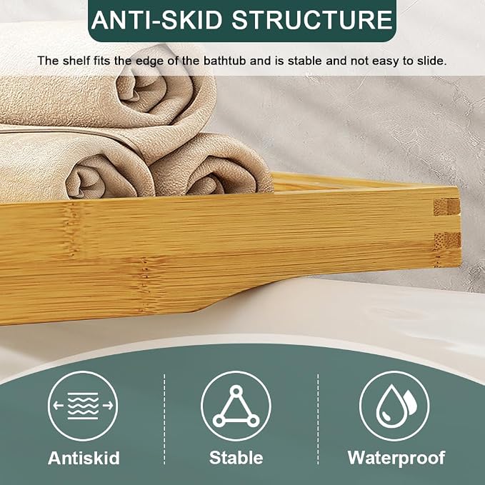 BFTOU Bamboo Bathtub Tray Expandable Bath Table Tray Bathtub Caddy - Image 5