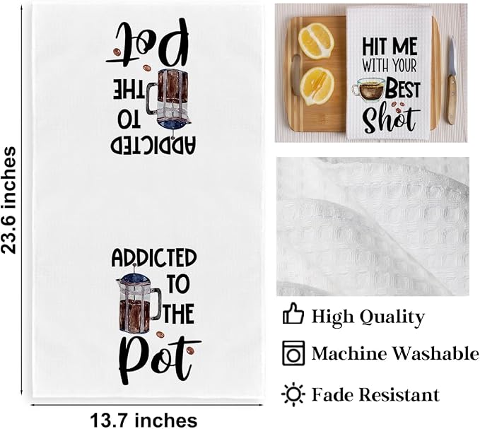 2PCS Coffee Kitchen Towels, Funny Farmhouse Rustic Reusable Absorbent Waffle - Image 2