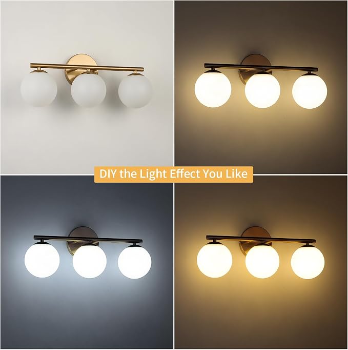 Globe Bathroom Light Fixtures 3-Light Brass Gold Vanity Light - Image 4
