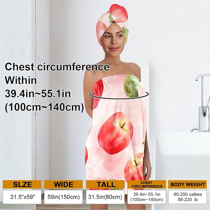 Women’s Pink Watercolor Apple Bath Wrap and Hair Towel Set, Soft Absorbent - Image 3