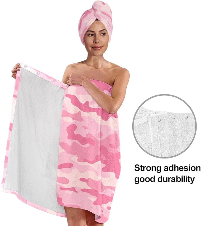 Women's Pink Camo Towel Wrap and Hair Drying Cap Set – Quick Dry Microfiber - Image 4