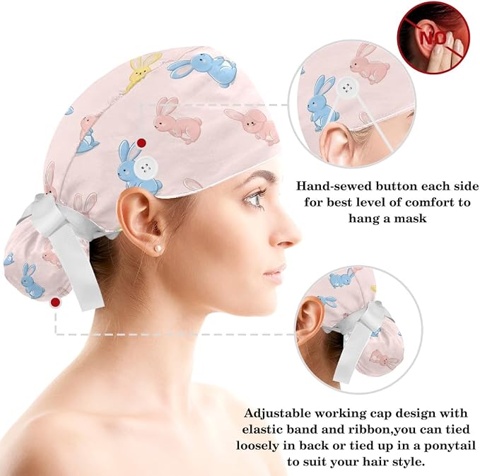 Scrub Caps Women Ponytail Cute Pink and White Leaves Caps Bouffant Working Hat - Image 3