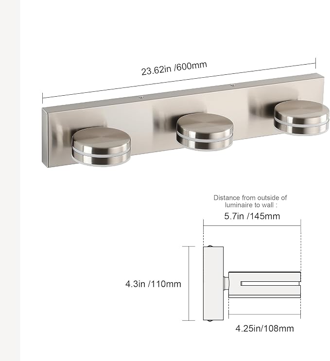 3-Light Bathroom Vanity Light, Brushed Nickel Bathroom Light Fixtures Over - Image 6