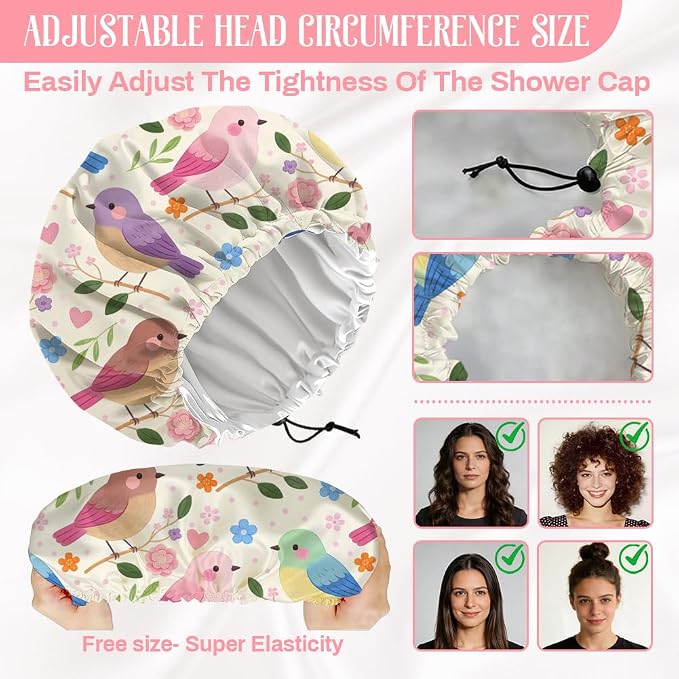 Bohemian Birds Flowers Reusable Shower Cap Cute Double Layer Waterproof Shower - Image 2