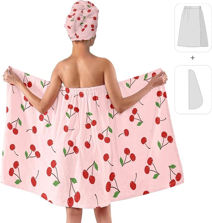 Women's Cherry Print Towel Wrap and Hair Drying Cap Set – Cute Pink Microfiber - Image 2