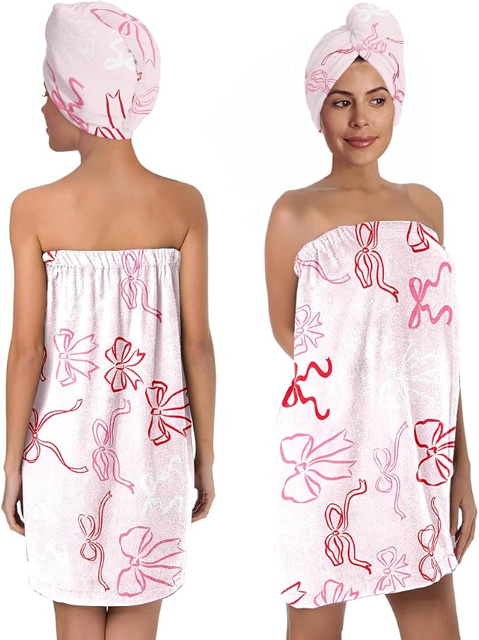 Pink Bow Bath Wrap with Hair Drying Cap – Microfiber Quick Dry Shower Skirt and by QIULIBMH