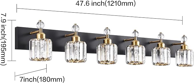 PRESDE Crystal 6 Light Bathroom Vanity Lights Black and Gold Bathroom Lights - Image 4