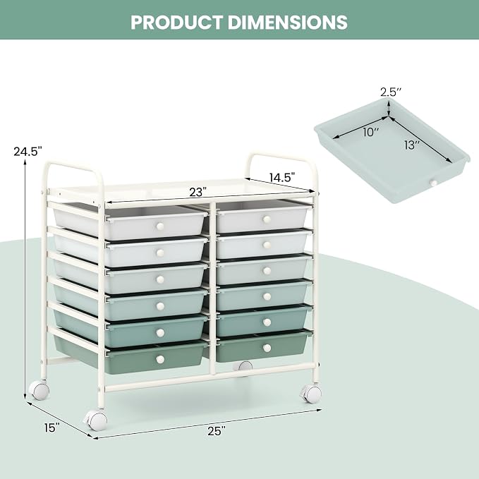 Giantex 12 Drawers Rolling Cart, Mobile Storage Drawer Cart, Classroom - Image 3