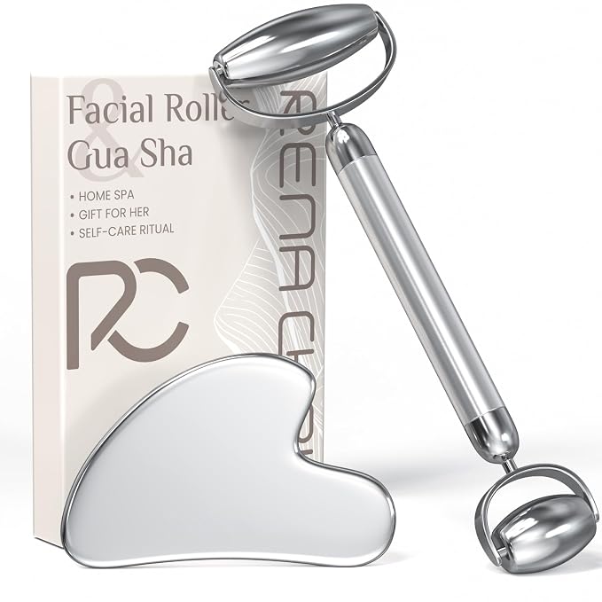 Rena Chris Gua Sha and Face Roller Set: Anti-Breakage Stainless Steel Roller by RenaChris