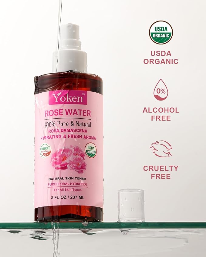 Yoken Organic Rose Water Spray for Face, 8 Fl Oz Fine Mist, Rosewater Face Mist - Image 2