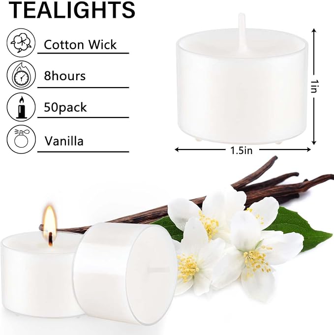 Set of 50 White Scented Tealight Candles Bulk, Vanilla Fragrance Wax - Image 4
