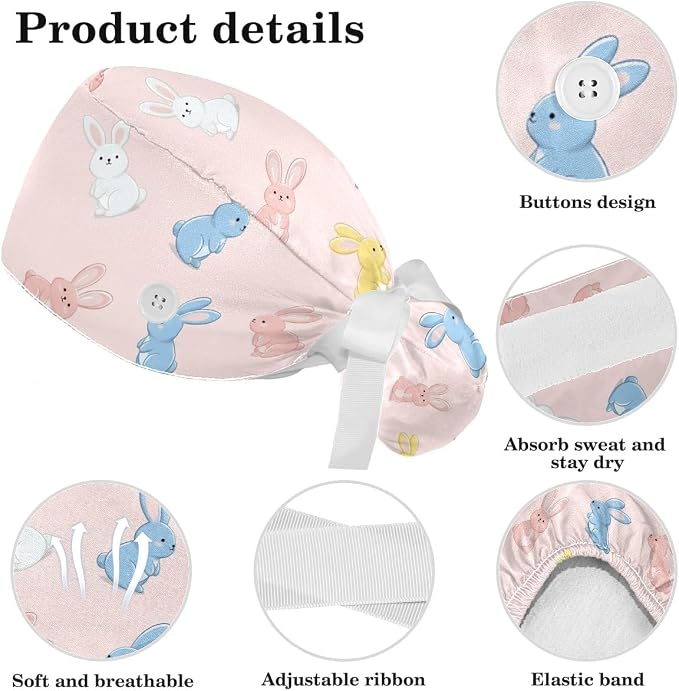 Scrub Caps Women Ponytail Cute Pink and White Leaves Caps Bouffant Working Hat - Image 4