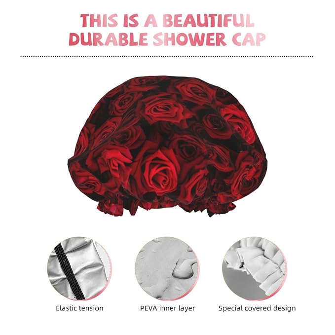 Red Rose Flowers Shower Cap For Women Reusable Waterproof Double Layers Bath - Image 4