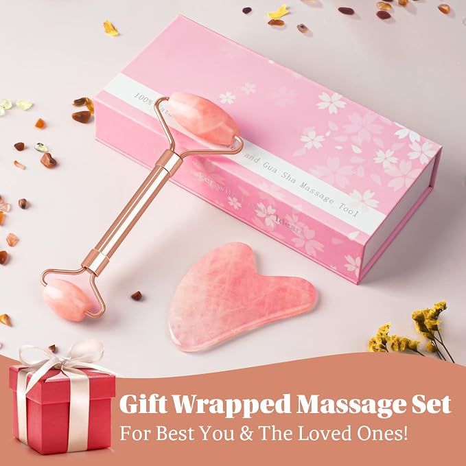 Jade Roller & GuaSha Set-Facial Beauty Roller Skin Care Tools, Rose Quartz - Image 5