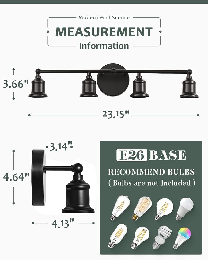 4-Light Vanity Light Fixture, Industrial Black Wall Sconce Lighting Fixture - Image 6