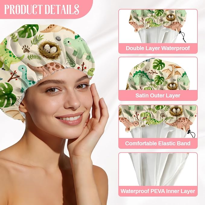 Dinosaurs Leaves Reusable Shower Cap Cute Double Layer Waterproof Shower Caps - Image 3