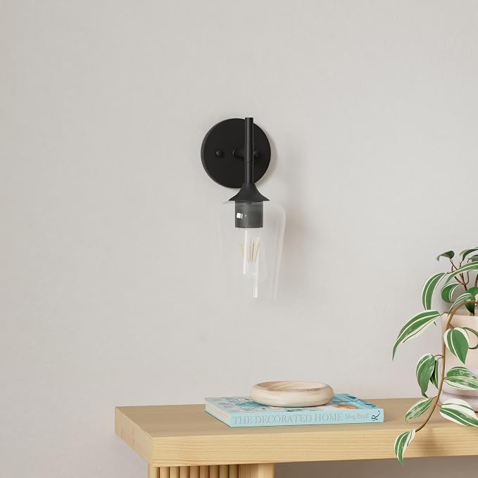 Ralbay Black Wall Sconces Set of 2 Matte Black Bathroom Lights Clear Glass - Image 2