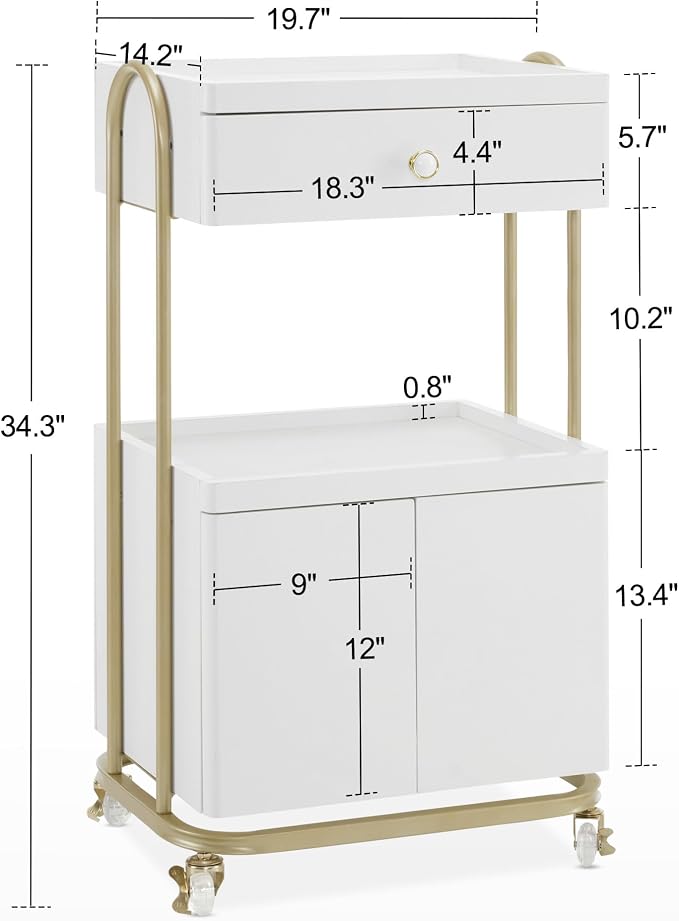 BarberPub Salon Trolley with Universal Wheels, Storage Rolling Cart with Drawer - Image 2