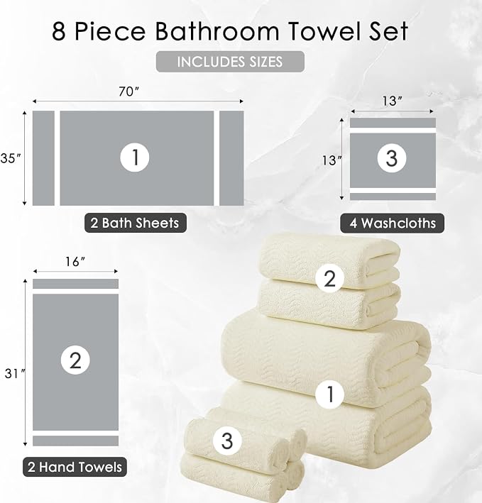 8 Piece Bath Towel Set |2 Oversized Large Bath Sheet, 2 Hand Towels, 4 - Image 4