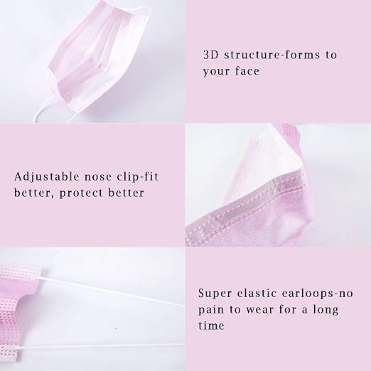 Borje Pink Disposable Face Mask 100 Pcs Pink Face Masks 3 Ply Protection Masks - Image 3