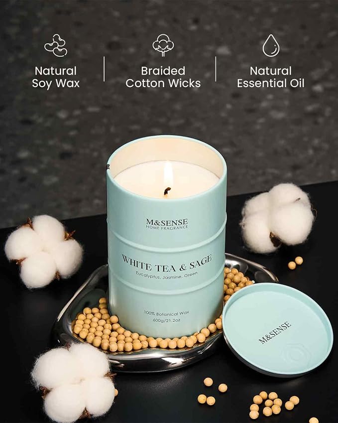 M&SENSE White Tea Sage Scented Candles Large, Natural Soy Candles 21.2oz 120 - Image 3