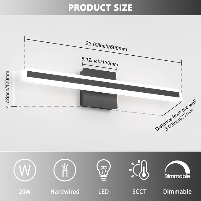 JUSHENG Black Vanity Lights for Bathroom, 24 Inch 20W 5CCT Dimmable Bathroom - Image 6