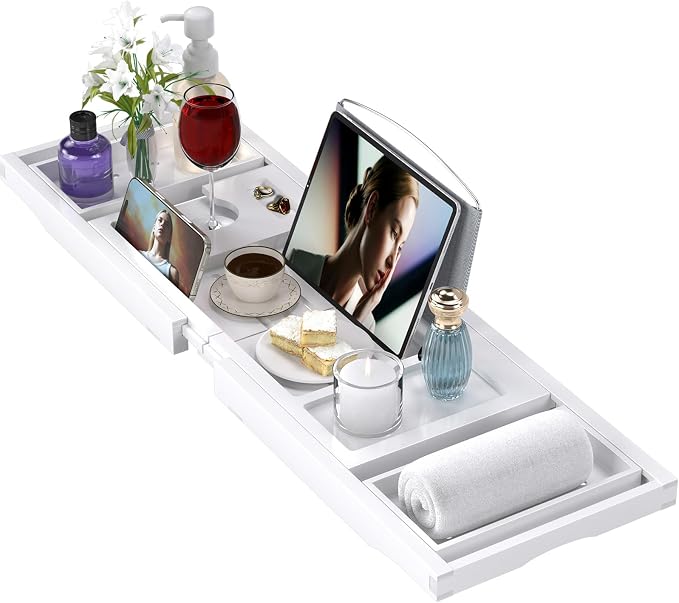 Bathtub Tray Caddy, Expandable Bath Trays by BAMBUROBA