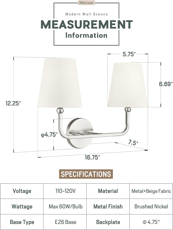 2-Light Bathroom Light Fixtures, Brushed Nickel Vanity Lights, Double Wall - Image 2