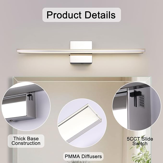 Chrome Vanity Lights for Bathroom 5CCT Dimmable Bathroom Lighting Fixtures Over - Image 6