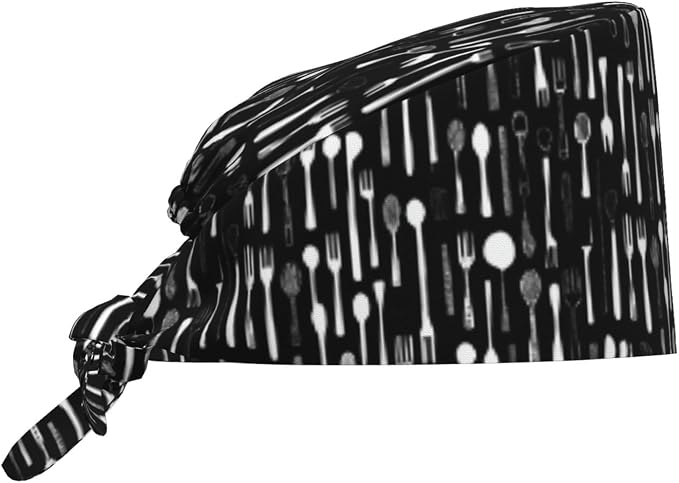 Scrub Cap for Women and Men Boho Black Leaf Pattern Adjustable Breathable by SUPLUCHOM