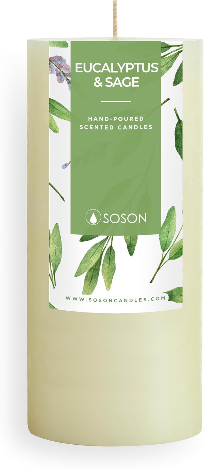 Simply Soson 3x6 inch Ivory Rustic Eucalyptus and Sage Pillar Scented Candle by SimplySoson