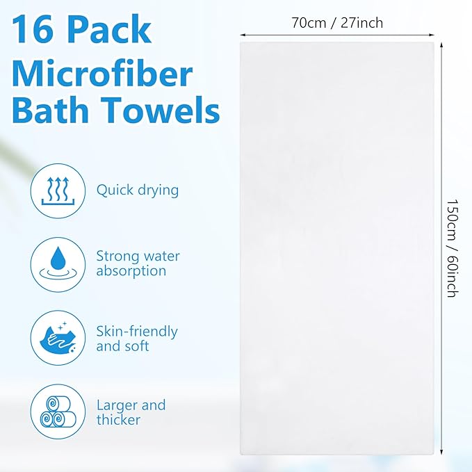 SmoothNovelty 16 Pack Microfiber Bath Towels Bulk 27'' x 60'' Oversized Beach - Image 2