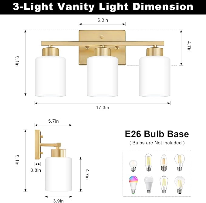 FonmYim Gold Bathroom Light Fixtures, 3-Light Modern Vanity Light Over Mirror - Image 2