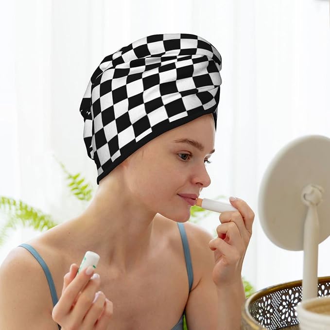 Black and White Checkerboard Hair Towel Wrap Microfiber Fast Drying Hair Turban - Image 8