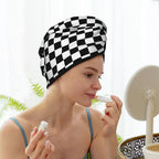 Black and White Checkerboard Hair Towel Wrap Microfiber Fast Drying Hair Turban - Image 8